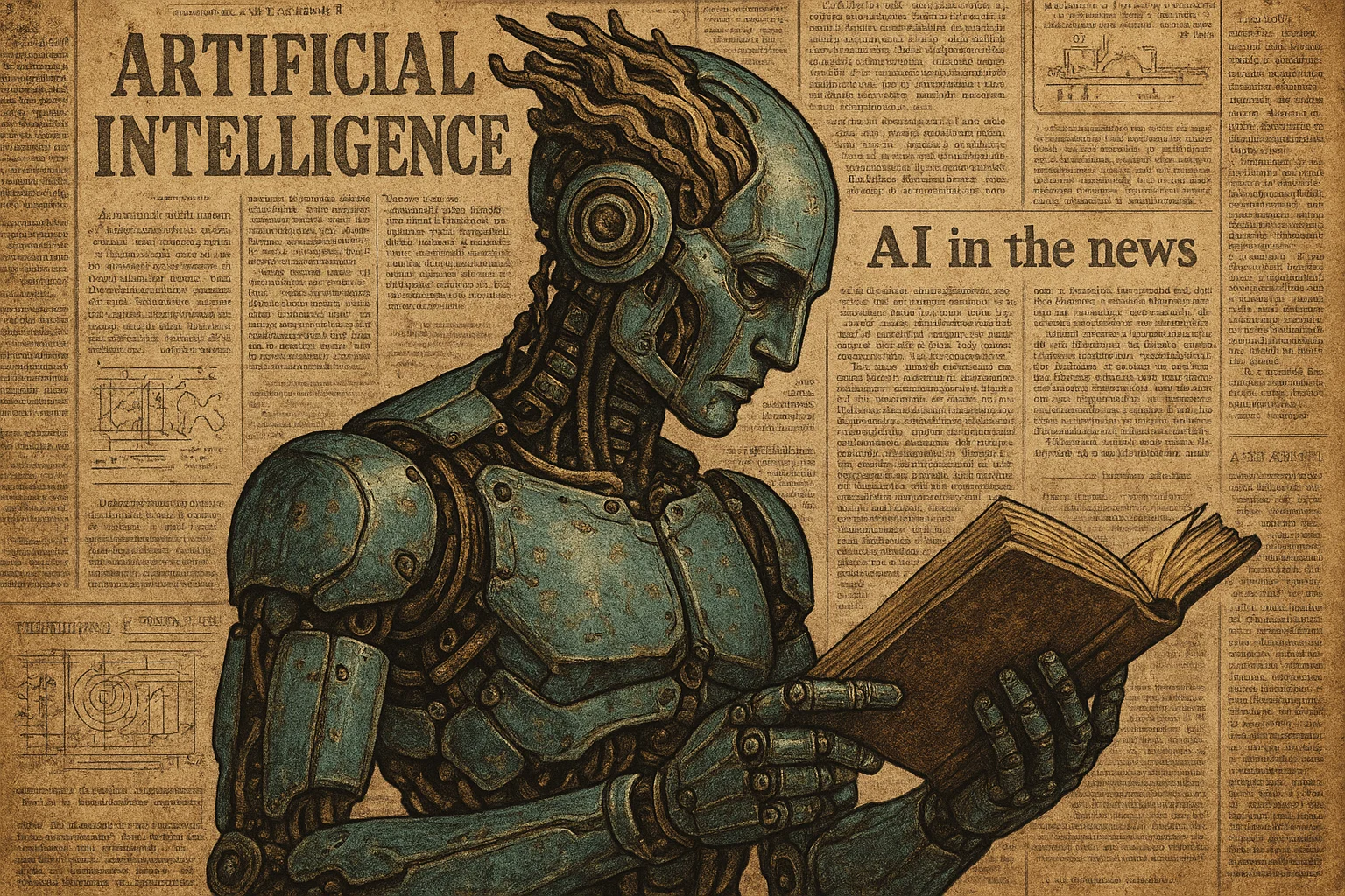 A humanoid robot with teal accents is reading a book. Behind it is sepia toned newspaper clippings can be seen with the text "AI in the news".