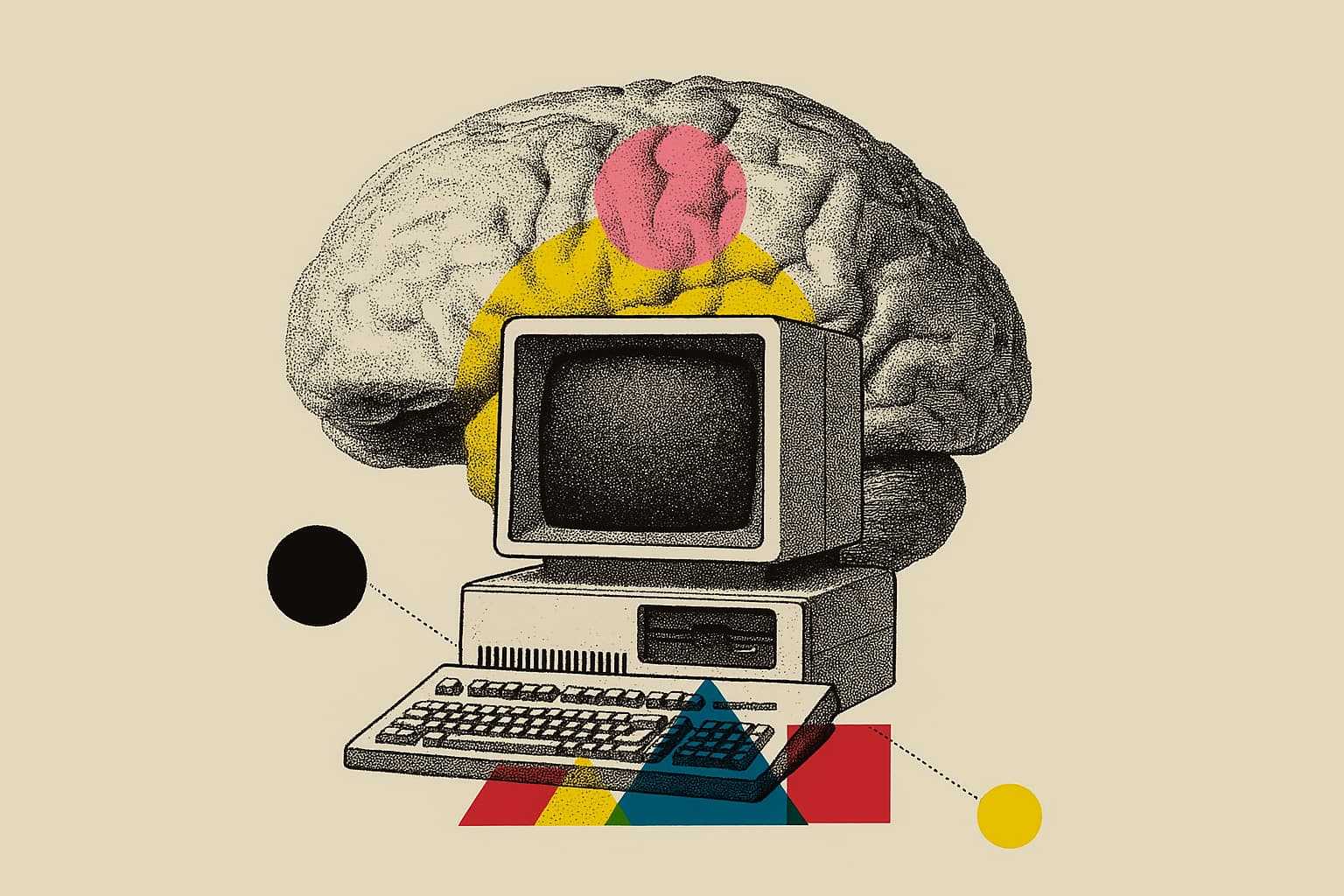 A graphic illustration of A retro computer in the foreground with a large brain in the background