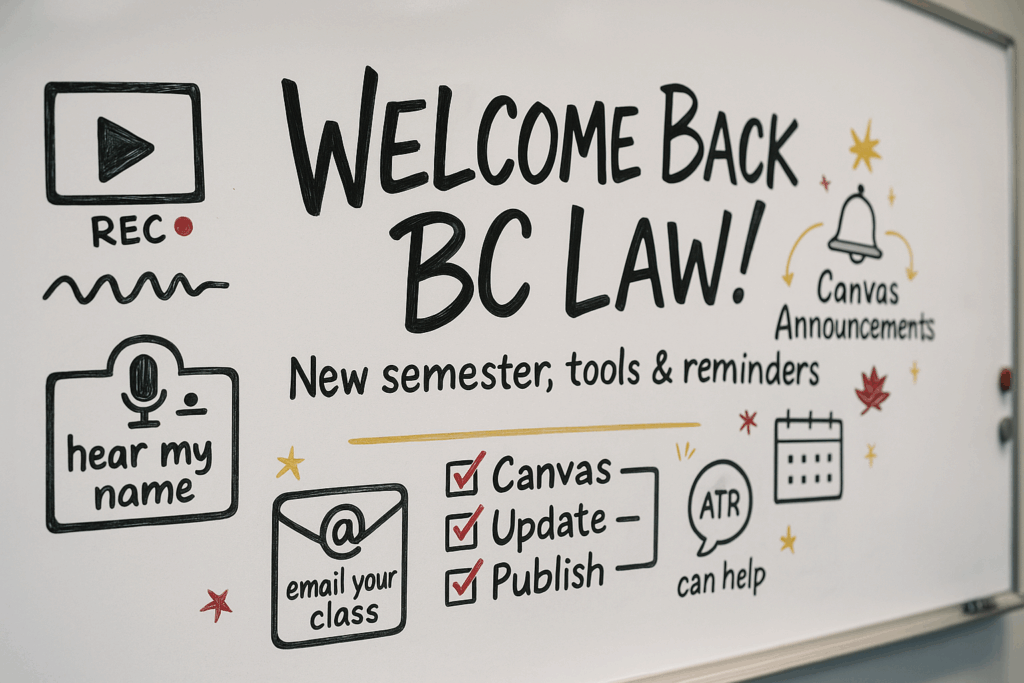 Angled whiteboard reading “Welcome Back BC Law!” with doodles: video screen “REC” + waveform, Canvas checklist (Import, Update, Publish), bell “Canvas Announcements,” name tag “hear my name,” envelope “@ email your class,” small calendar, and bubble “ATR can help.”
