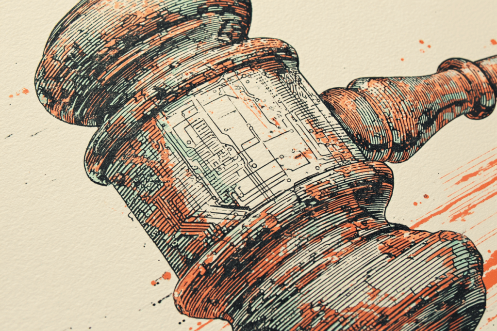 A gavel angled diagonally as if just struck, there are etched circuit-board markings run across the head and along the cap of the handle.