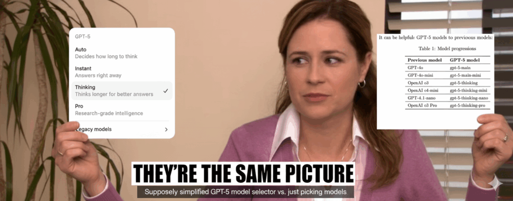 Pam Beasely holding the GPT-5 model picker and a comparison of the old models showing they are exactly the same.