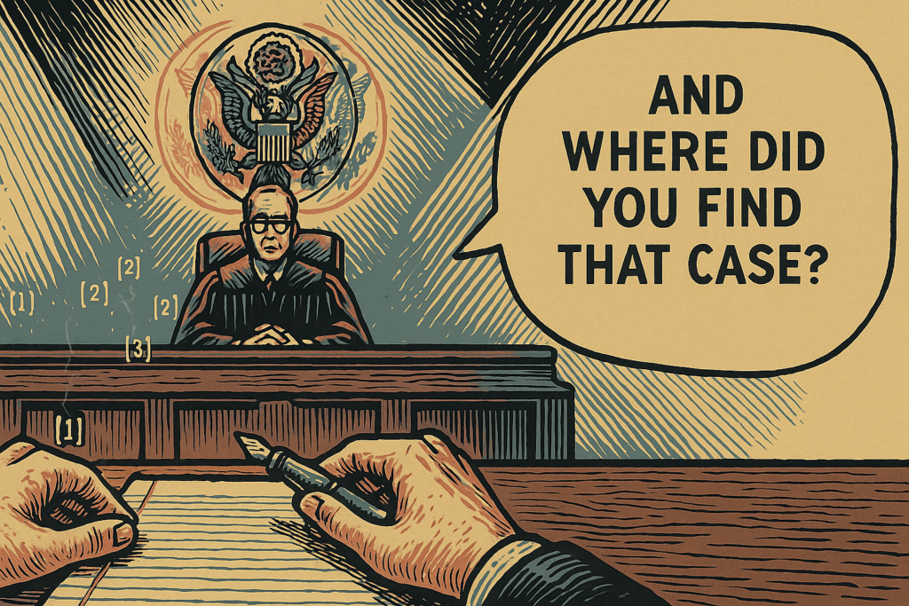 first person perspective of an attorney facing a judge, the judge asks "and where did you find that case?"