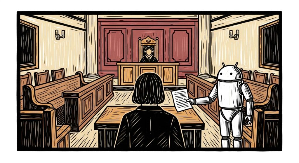 Digital illustration in linocut woodcut scratchboard style showing a courtroom interior from behind a figure facing the judge's bench, with a sleek android robot beside them extending a document.