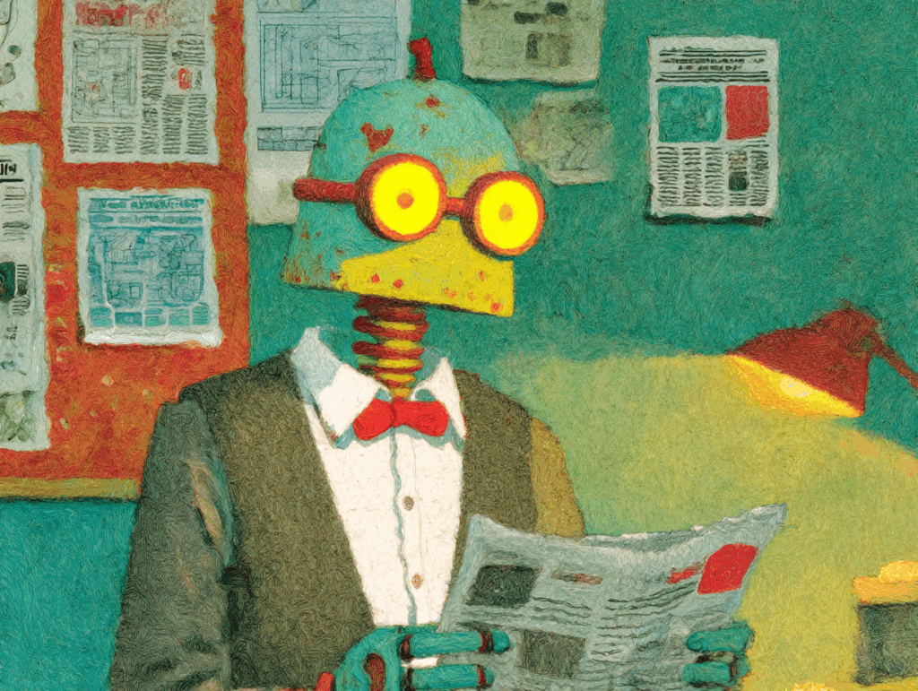 Concept art of a friendly-looking, hand-crafted robot reading a newspaper in a cozy inventor's workshop. The robot has visible gears and luminescent goggles, and the wall behind it is covered in blueprints and old newspaper clippings, all bathed in a warm, inviting light.