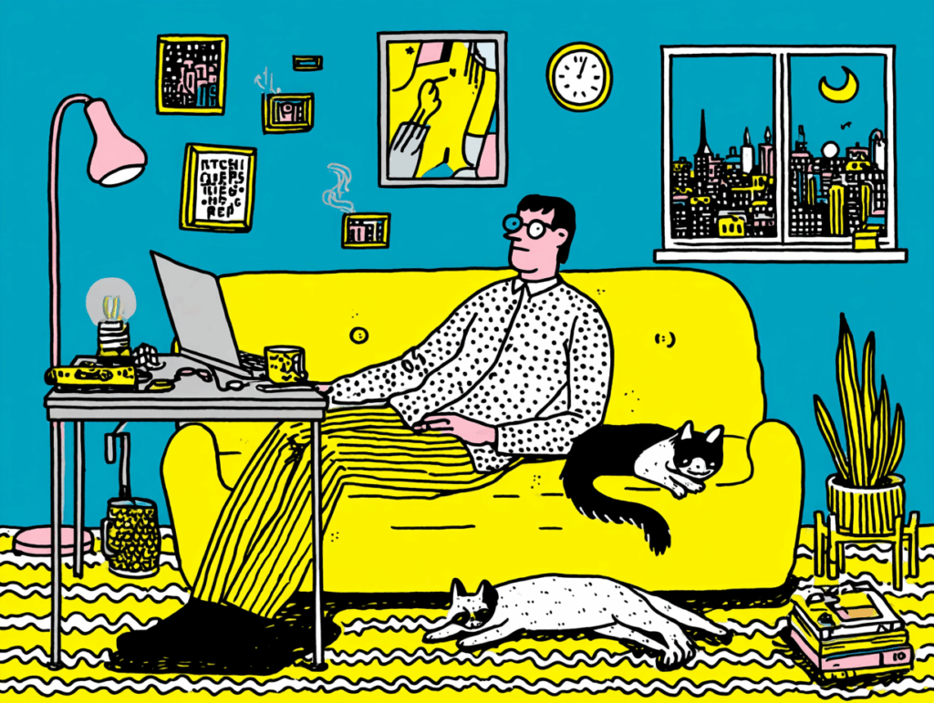 A colorful, stylized illustration of a person sitting on a yellow couch and looking at a laptop. A black-and-white cat rests on the couch beside them, and another cat sleeps on the floor. A window shows a city skyline at night.