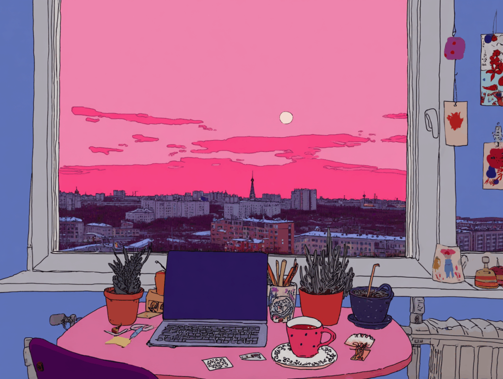 Illustration of a cozy desk with a laptop, plants, and a cup of tea by a window overlooking a cityscape at sunset with a bright pink and purple sky.