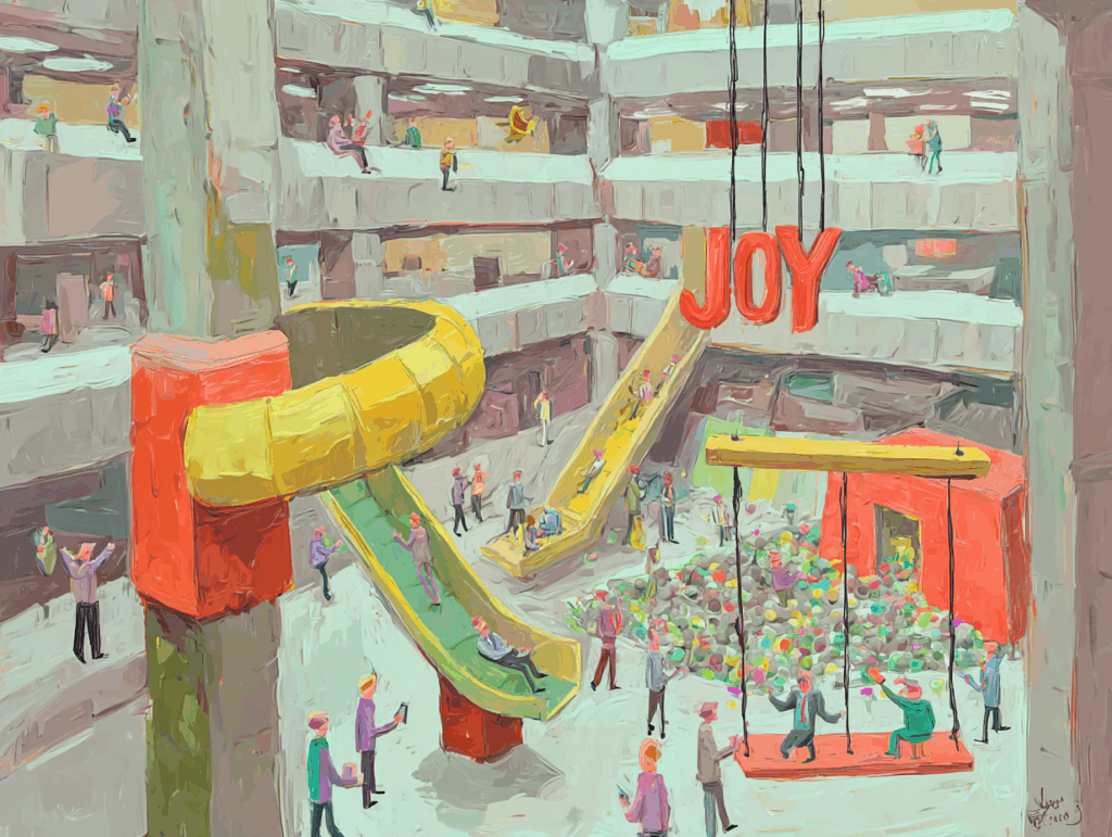 Colorful painting of people inside a large multi-level building with slides, a ball pit, swings, and a large hanging sign that says ‘JOY.’