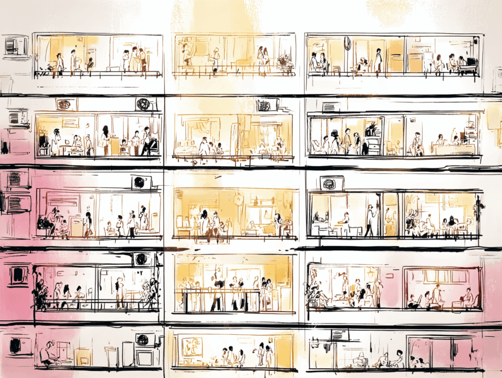Illustration of an apartment building with several floors, showing people inside different rooms engaged in daily activities.