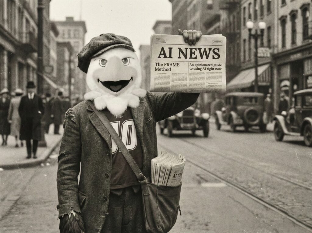 Historical photo of Baldwin in a newsy boy outfit holding up an AI News edition of the newspaper.