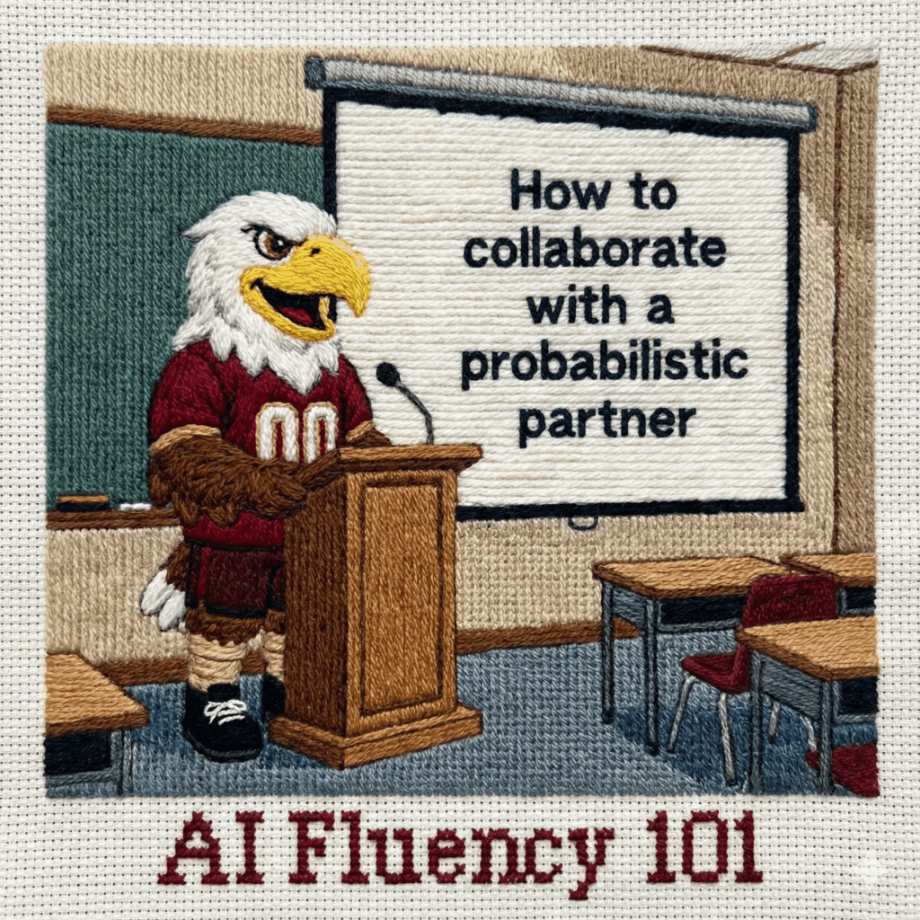 Needle point artwork of Baldwin giving a presentation on AI Fluency 101