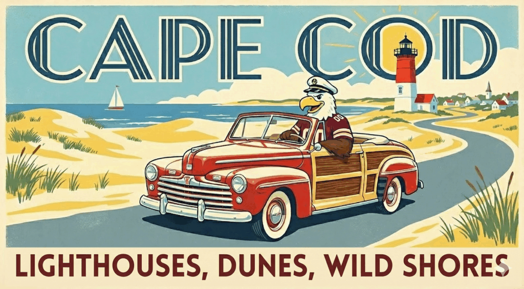 Retro travel poster of Baldwin driving on the shores of Cape Code