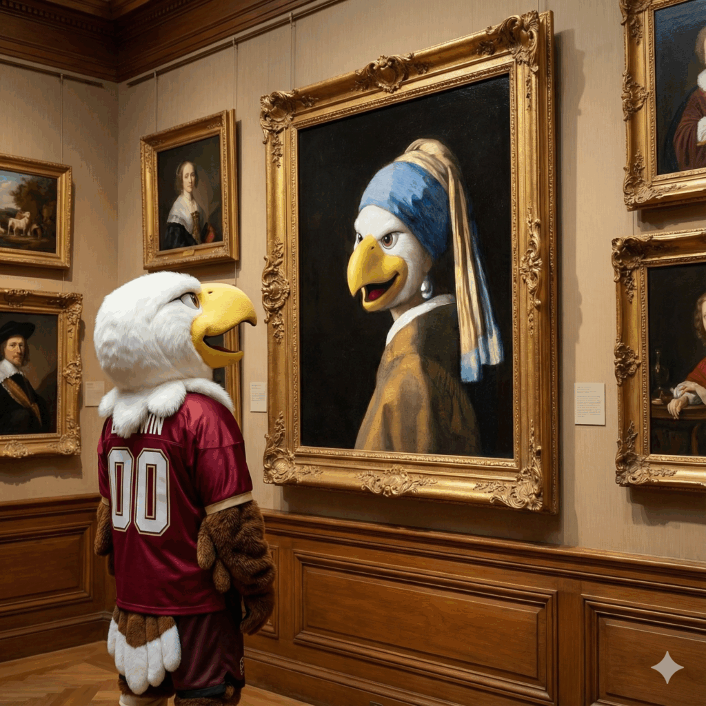 Baldwin in an art museum enjoying a rendition of Baldwin with a pearl earring