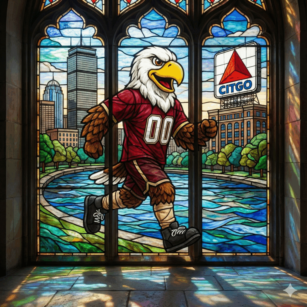 Stained glass artwork of Baldwin running on the Charles River