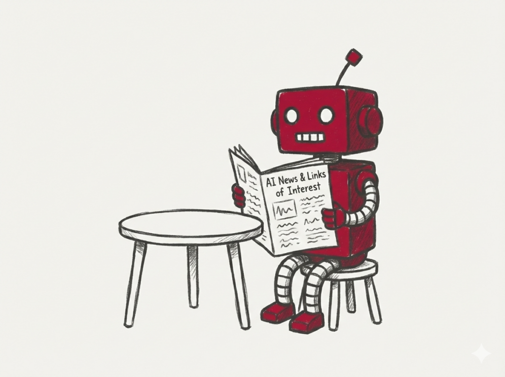 An illustration of a robot sitting at a coffee table reading a newspaper. The headline reads "AI News and Links of interest".