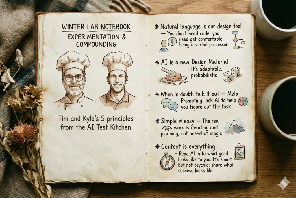 Top down perspective on an open notebook with hand sketches and notes from an AI workshop