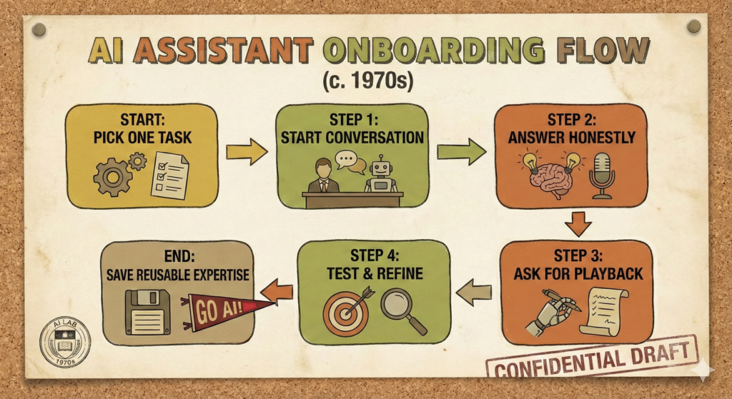 Vintage Poster board of an AI assistant workflow.