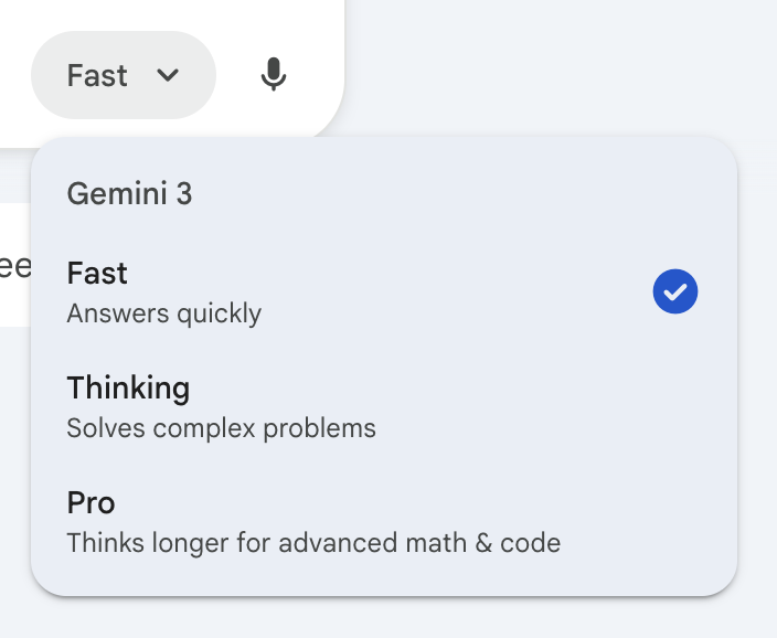 The Gemini model picker showing: Fast, Thinking, Pro as model options.