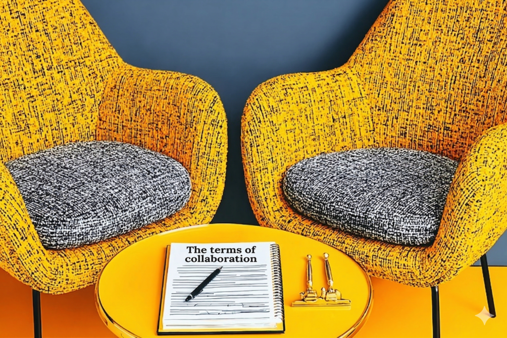 Two yellow upholstered chairs facing each other with a notebook titled 'The terms of collaboration' and a pen on a small table between them