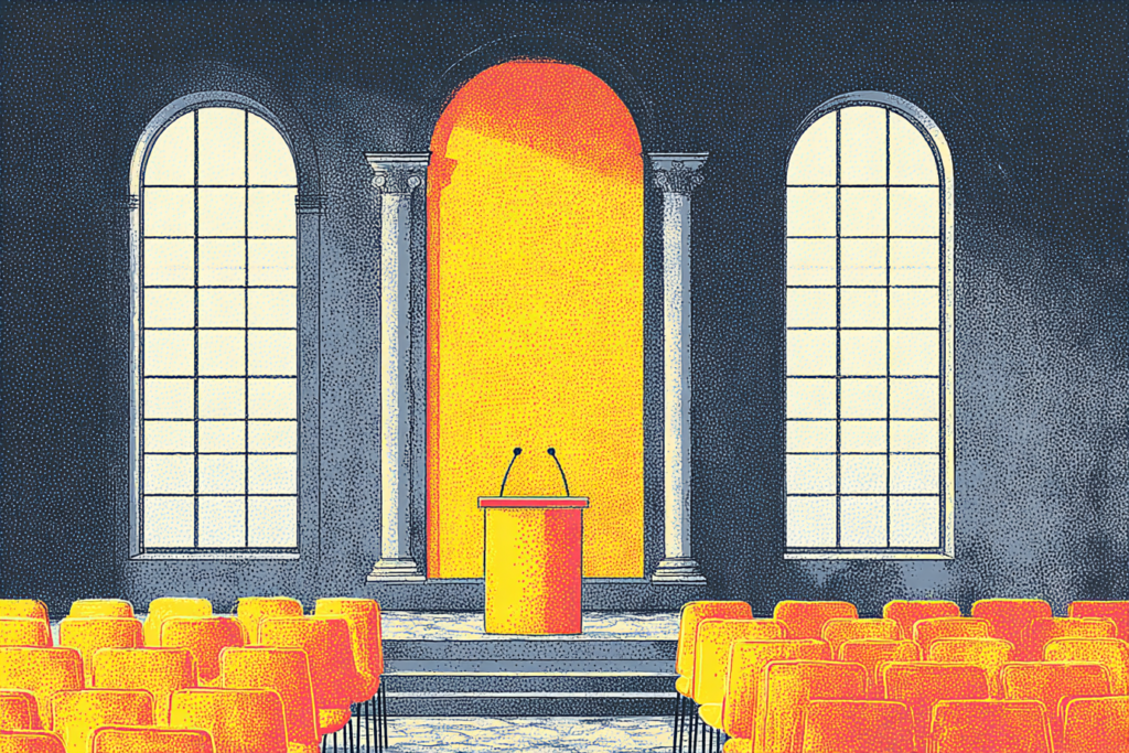 Illustration of an empty lecture hall with rows of yellow chairs facing a podium, flanked by tall arched windows and columns