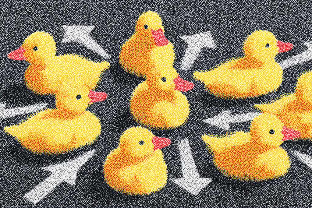 Illustration of yellow rubber ducks scattered among directional arrows on a dark background