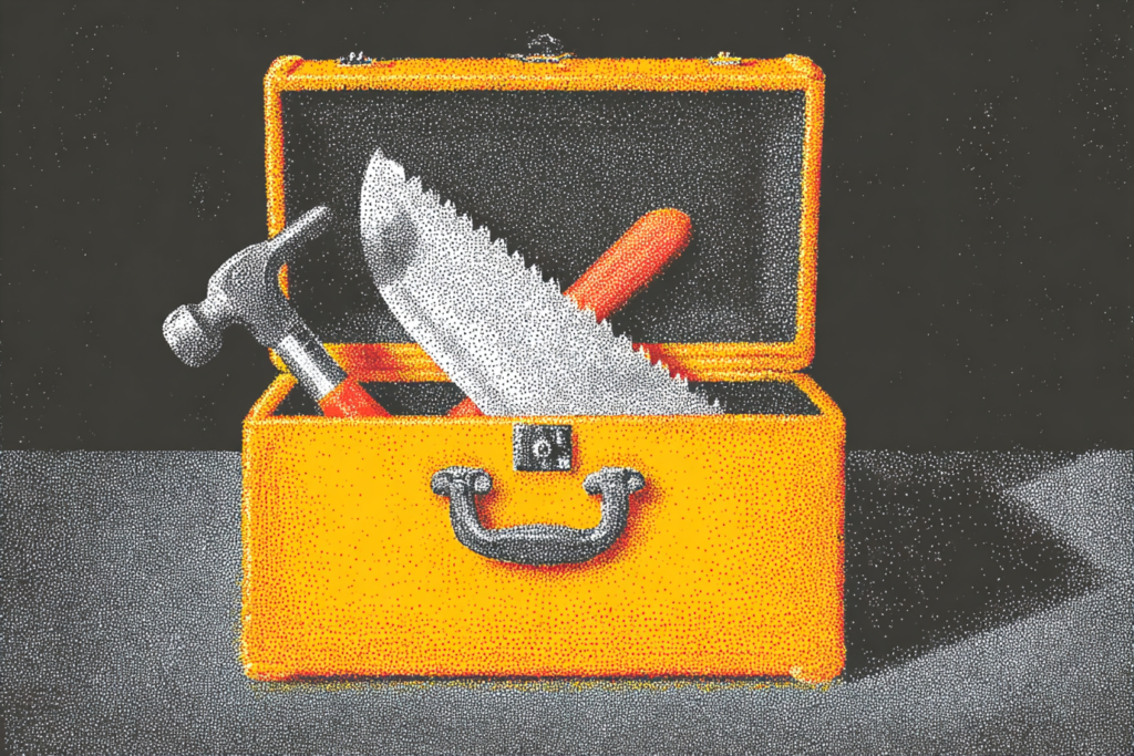 Illustration of an open yellow toolbox with a hammer and saw inside