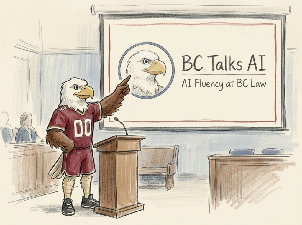 Baldwin the BC mascot is standing at a podium and can be seen pointing to a presentation screen reading "BC Talks AI: AI Fluency at BC Law". In the style of a courtroom sketch.