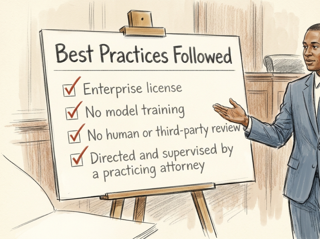 A lawyer points to a poster board exhibit. It reads "Best Practices Followed: Enterprise licensing, no model training, no human or third-party review, directed and supervised by a practicing attorney".