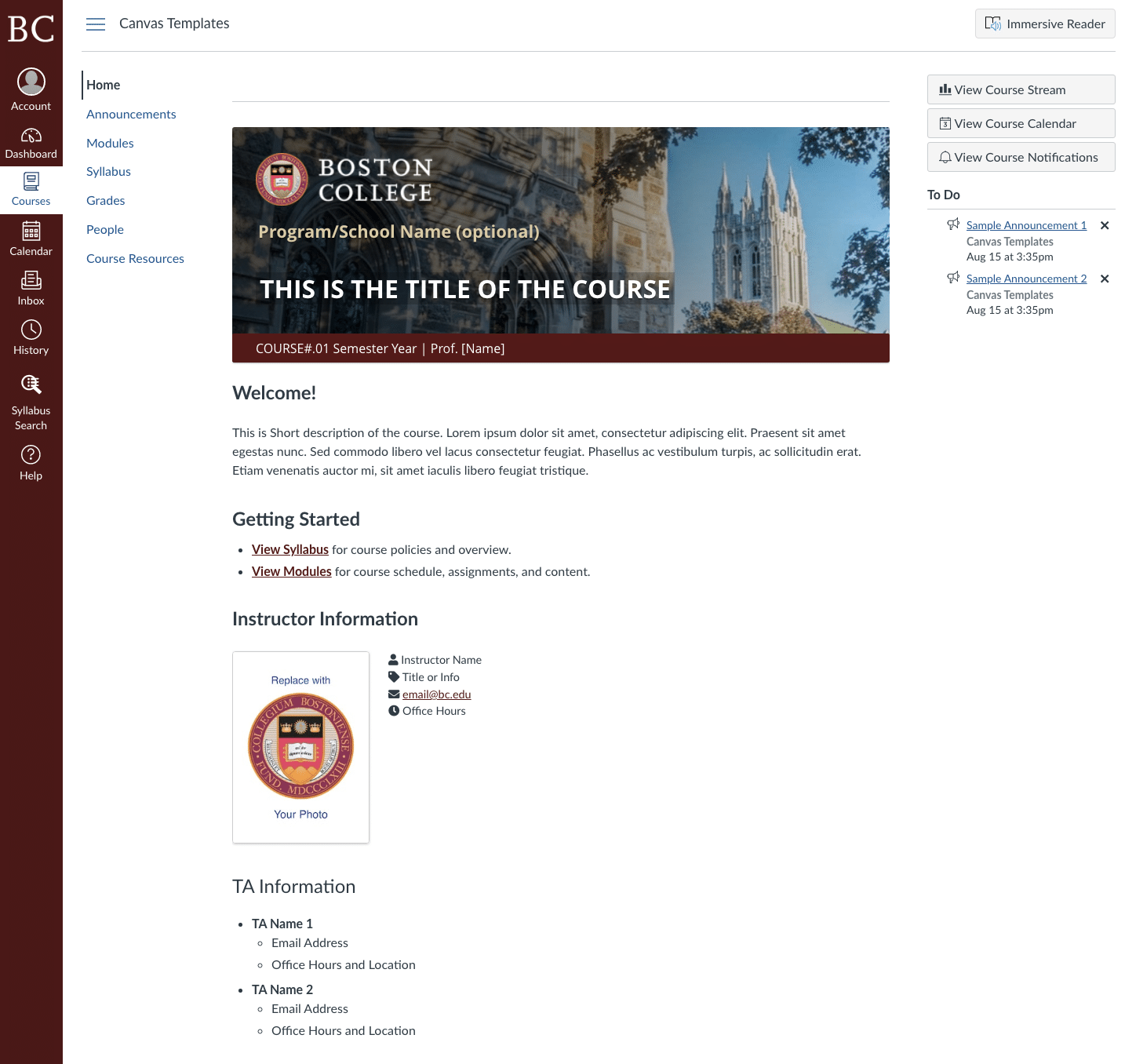 Screenshot of homepage with template applied - banner with image of Gasson Hall