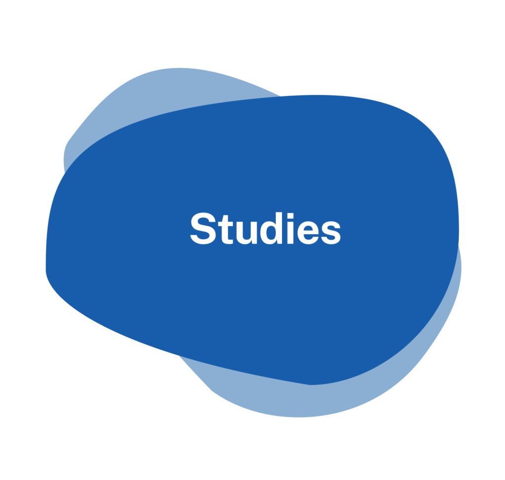 Dark blue and light blue overlapping blobs with the word studies in the middle.