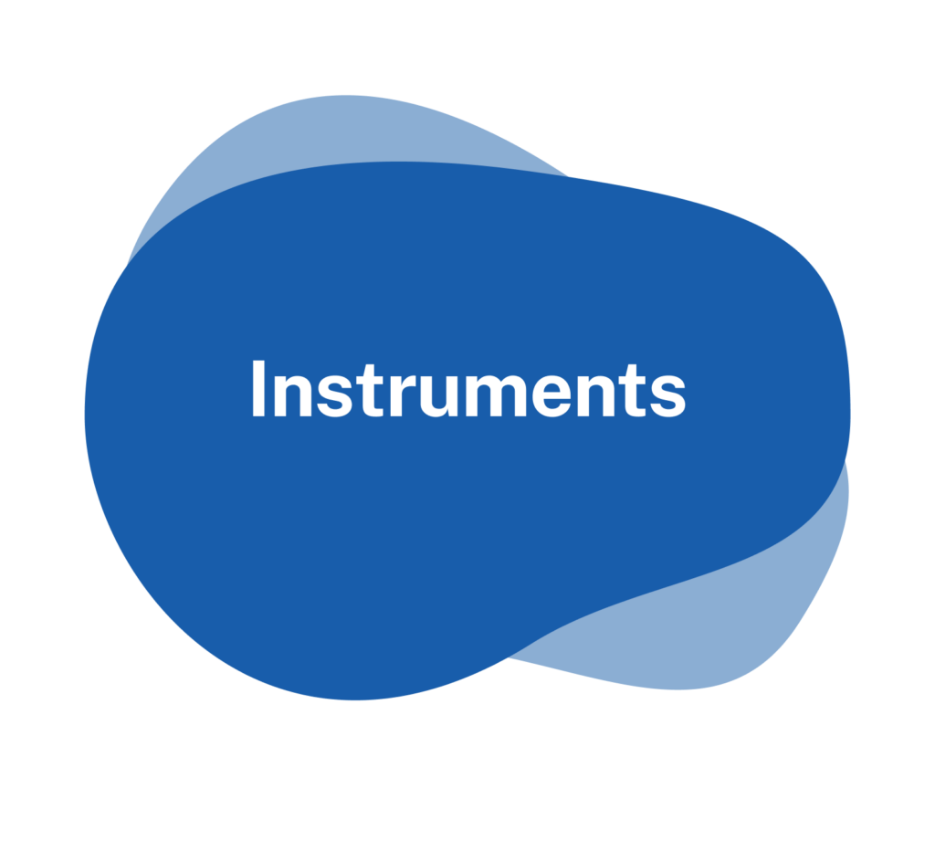 Dark blue and light blue overlapping blobs with the word instruments in the middle.