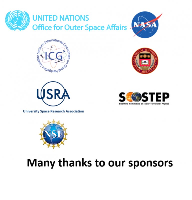 Sponsor logos: UNOOSA, NASA, ICG, BC, USRA, SCOSTEP, NSF.