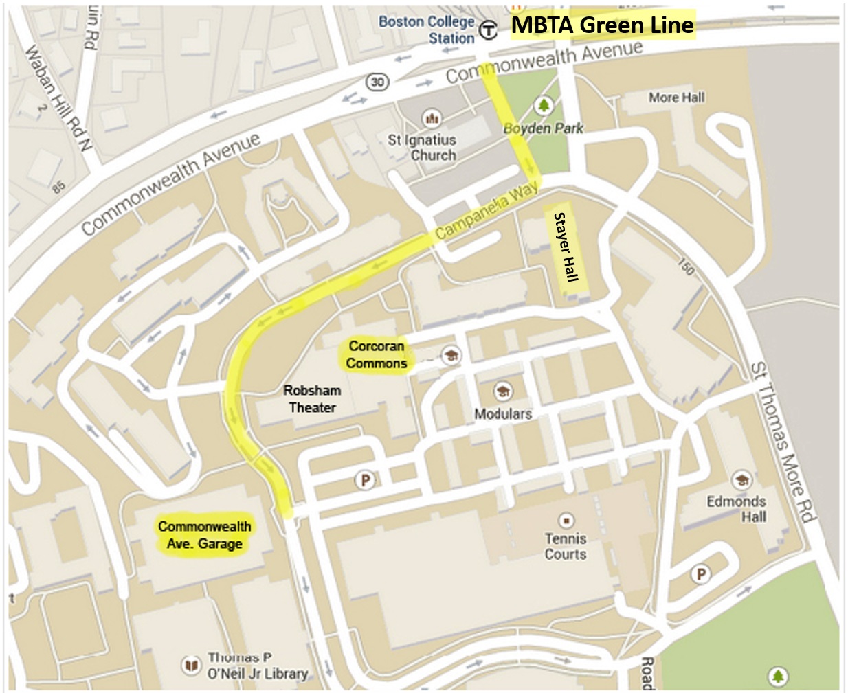 Campus Map to Corcoran Commons, Garage, and Stayer Hall