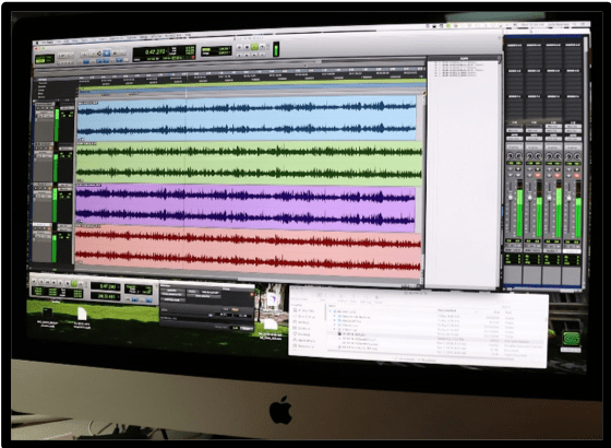 Pro Tools audio digitizing software showing a visual representation for part of recording of a 78-rpm record. Different colors represent different tracks.