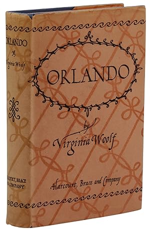 Cover and spine of first edition copy of Virginia Woolf's Orlando. Light brown cover with ornate pattern; title and author.