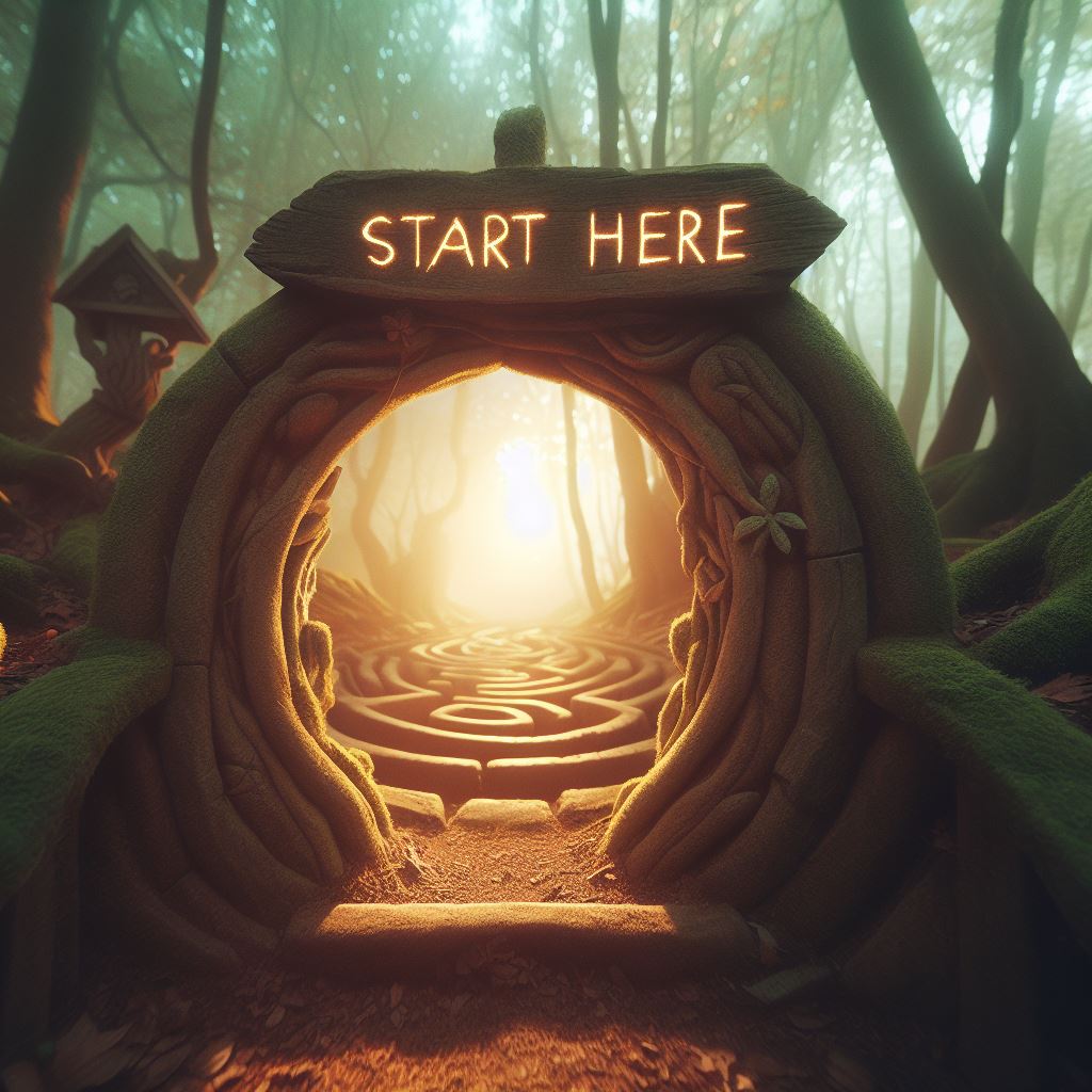An entrance to a woodsy labyrinth. There is a sign with "start here" in glowing text above the entrance. Set in a dense mystical forest