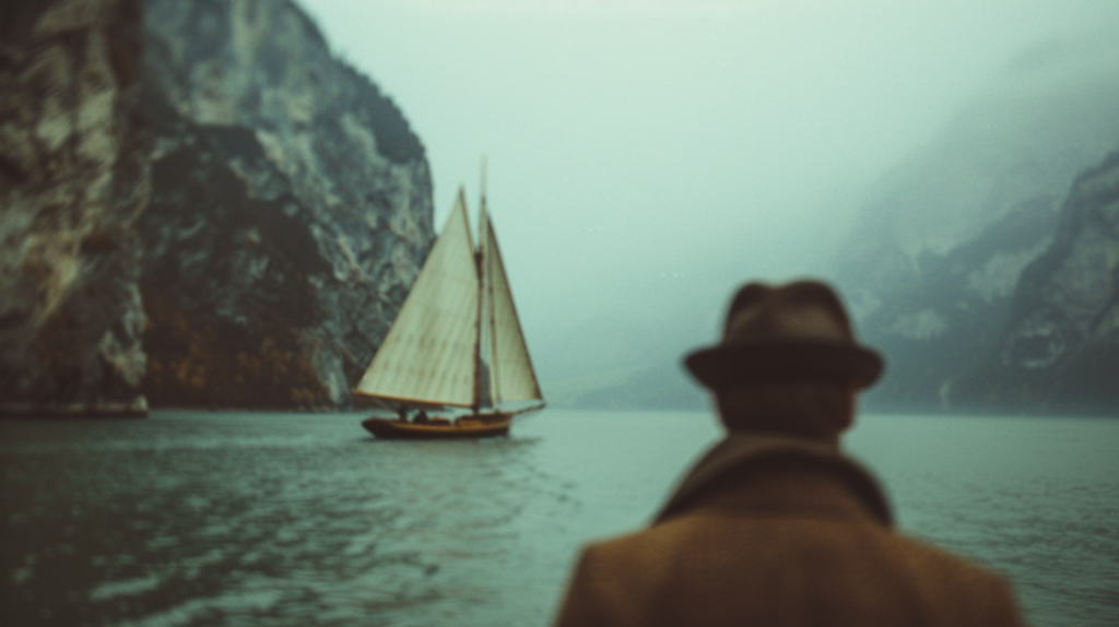 Cinematic Still, a wide establishing shot of a sea captain sailing into a Foggy sea. sideview of the ship and the captain standing at the helm. Moody color grading and muted tones with bright digital accents.