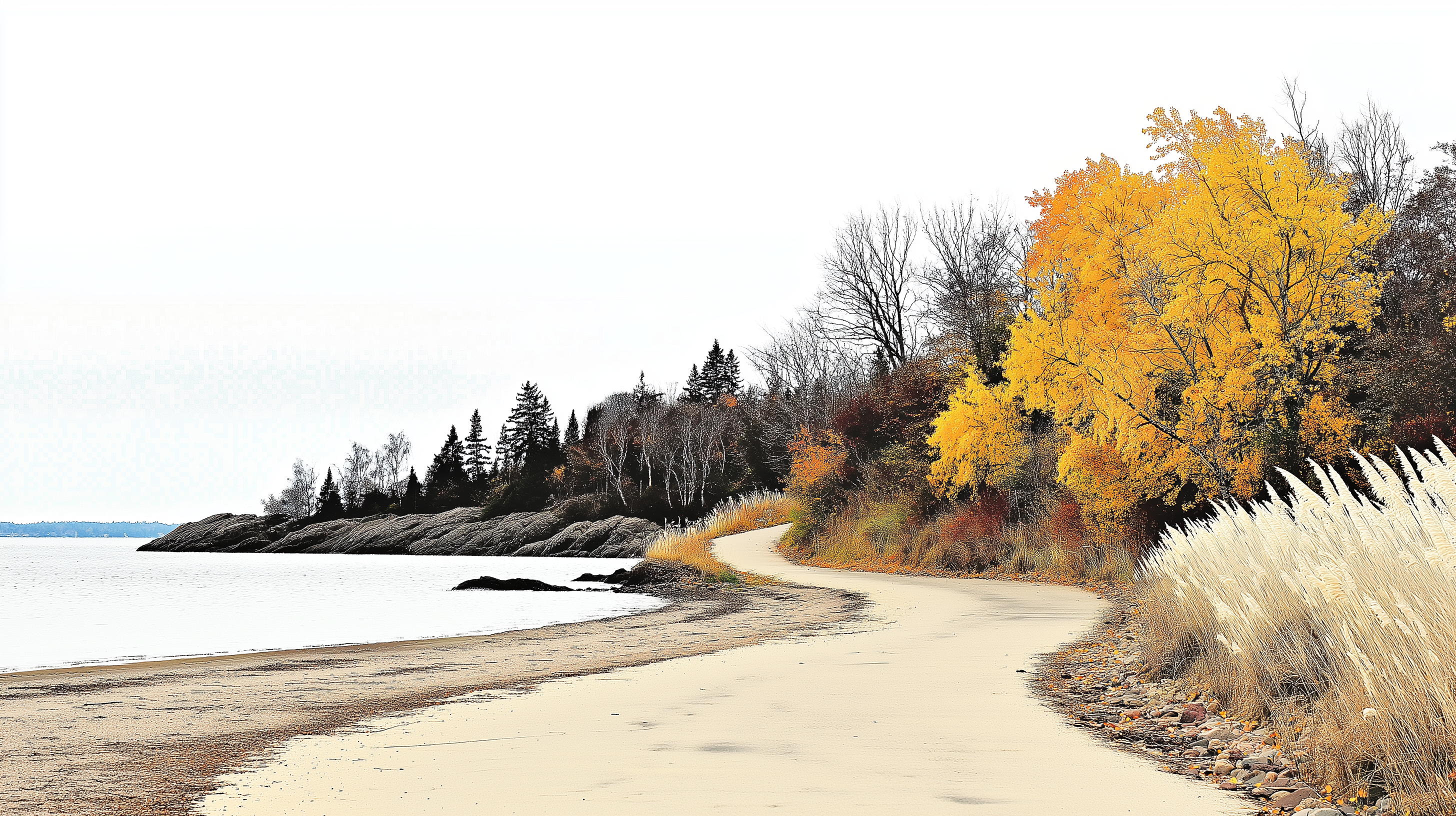 A beach can be seen in the foreground with a twisting path leading to a hillside covered in trees beaming with fall foliage