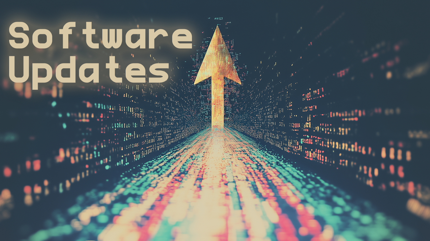 The text "Software Updates" can be seen in the foreground. In a vibrant, neon-lit digital realm, a sleek, metallic arrow shoots forward, leaving a trail of glowing code in its wake. The arrow pierces through a swirling vortex of "1"s and "0"s