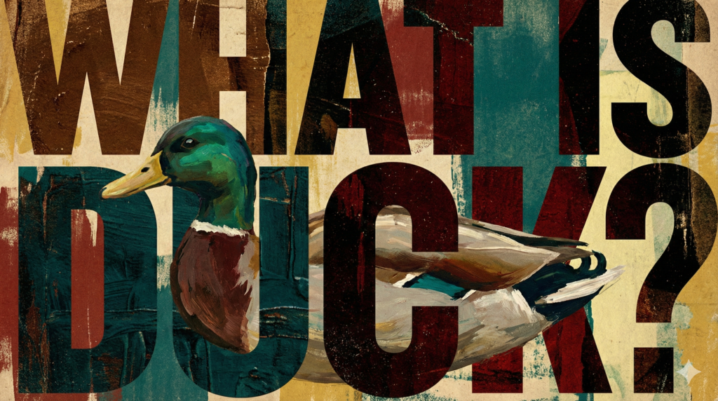 The words "WHAT IS DUCK?" with a painted duck emerging from inside the letterforms