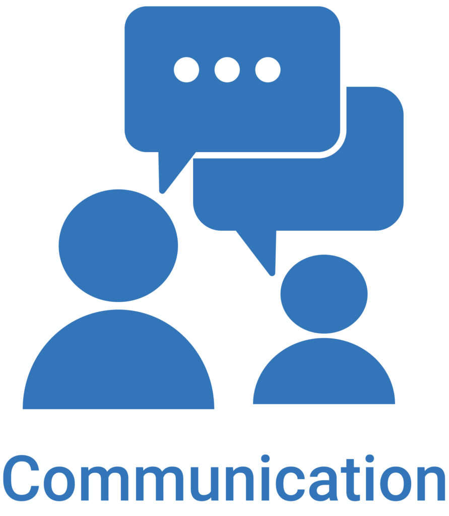 Blue graphic of two people having a conversation with the word communication under it.