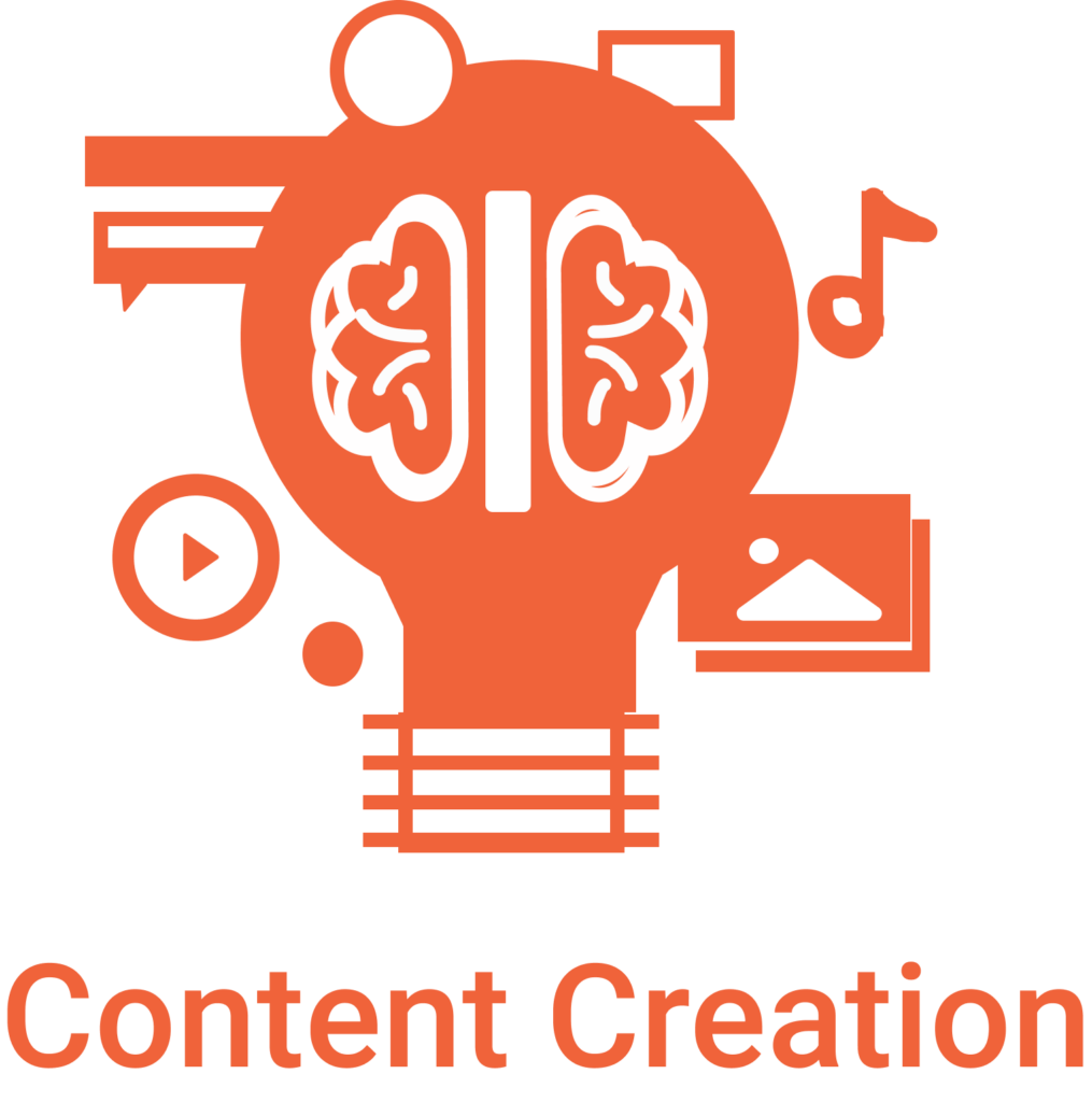Red graphic of a light bulb with a brain in it and the words content creation under it.