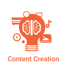 Graphic of a light bulb with a brain in it surrounded by a musical note, a play button, and a picture with the words content creation under it.
