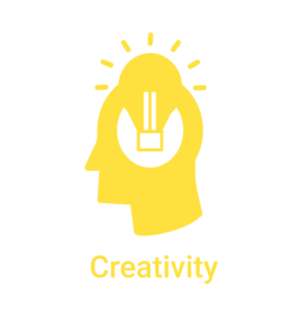 Graphic of a yellow side profile of a head with a light bulb on it with the word creativity under it.