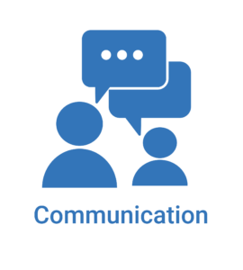 Blue graphic of two people having a conversation with the word communication under it.