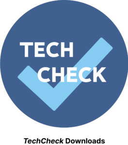 Tech check logo in front of a light blue check mark.