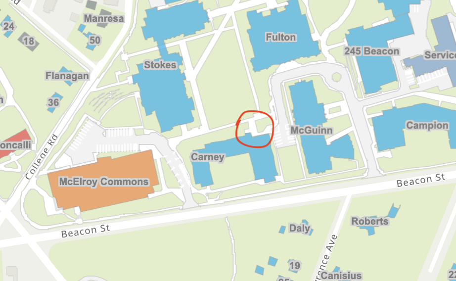 Picture of a map of the Boston College campus with the Northwest corner of Carney Hall circled.