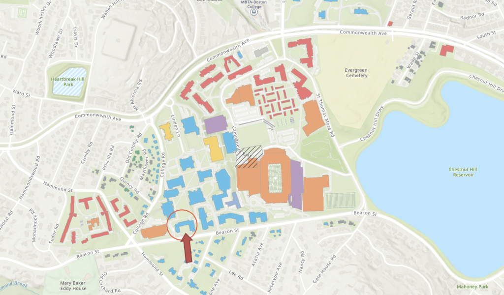 Map of Boston College's campus with Carney Hall circled. 