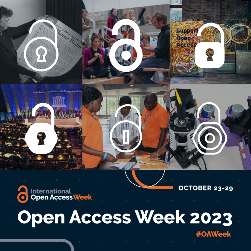 An image promoting Open Access week, from October twenty-third to twenty-ninth, with the hashtag #OAWeek