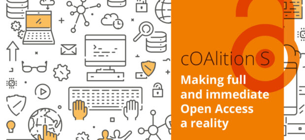 Scattered clip art of computers, keyboards, gears, play buttons, hands on a keyboard set to the left of a box reading, "Coalition S: Making full and immediate Open Access a reality." Cover for their Proposal Towards Responsible Publishing.