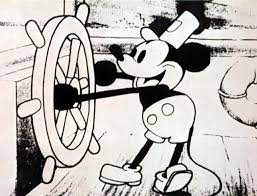 A cartoon black and white mouse with a hat driving a boat; a clip from the cover of "Steamboat Willie."